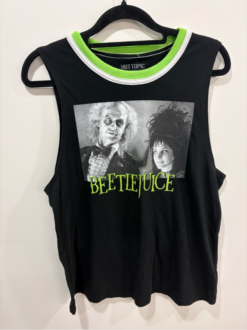 Hot Topic Black Tank with Beetlejuice Photo and Neon Green Trim